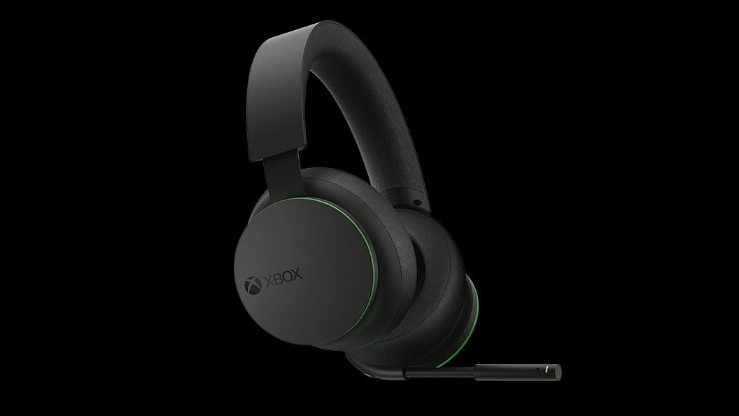 La vista laterale dell'headset wireless per Xbox su uno sfondo nero.