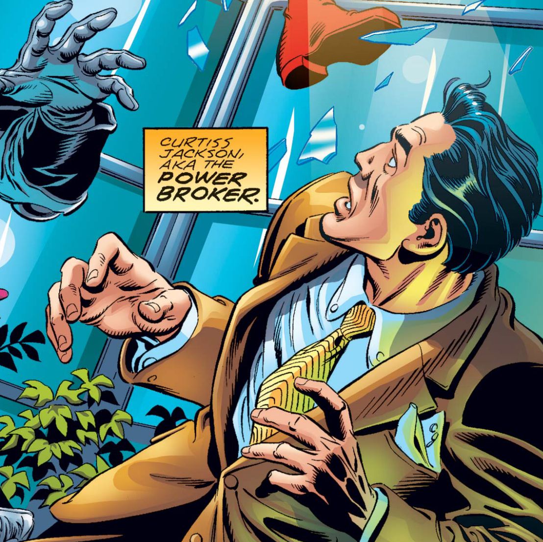 Curtiss Jackson, AKA the Power Broker, un ragazzo bianco in giacca e cravatta, si nasconde da una finestra sfondata nell'agente statunitense n. 3, Marvel Comics (2001). 
