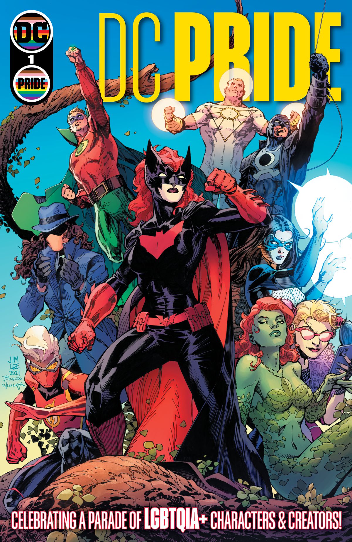 Batwoman è affiancato da altri supereroi queer e trans dell'Universo DC sulla copertina di DC Pride, DC Comics (2021). 