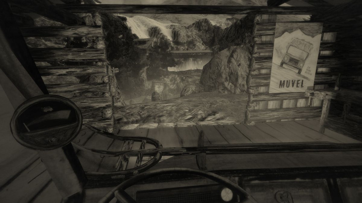 Mundaun: il giocatore guarda fuori dal finestrino dell'autobus, al di sopra del volante.  Sono bloccati dall'avanzare da un cancello di legno, che è aperto.