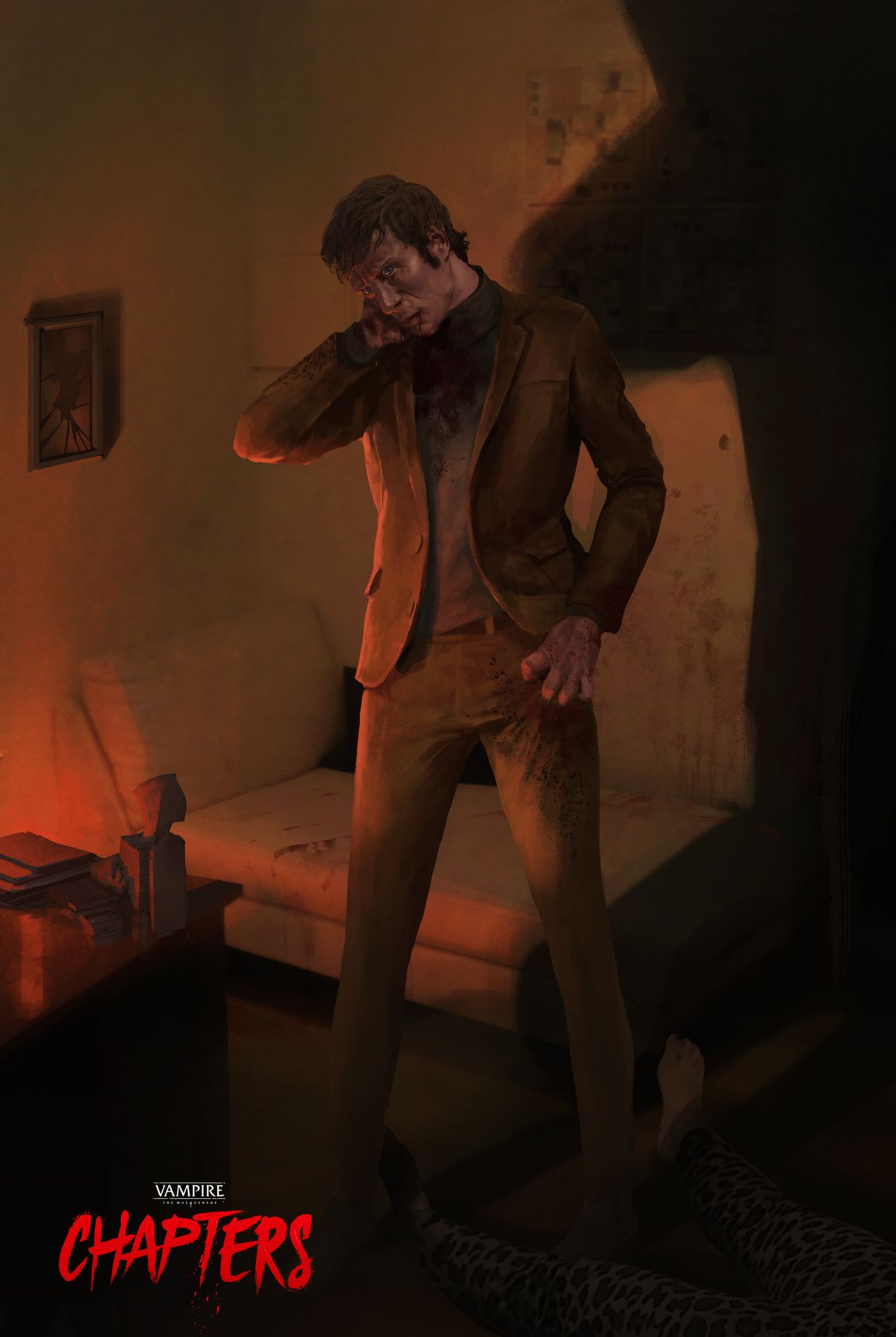 Un uomo sta sopra un cadavere in un maledetto appartamento.  Il suo collo sanguina.  Indossa un abito marrone ben fatto.