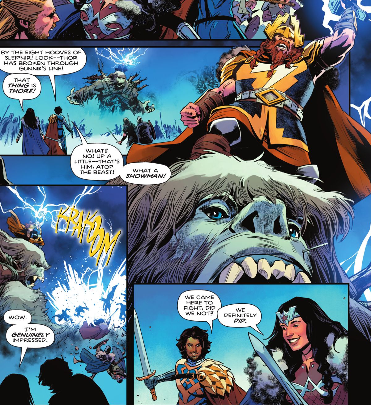 Nei campi del Valhalla, Wonder Woman vede Thor che chiama l'illuminazione a Mjolnir mentre cavalca la testa di un gigante infuriato in Wonder Woman # 770.  