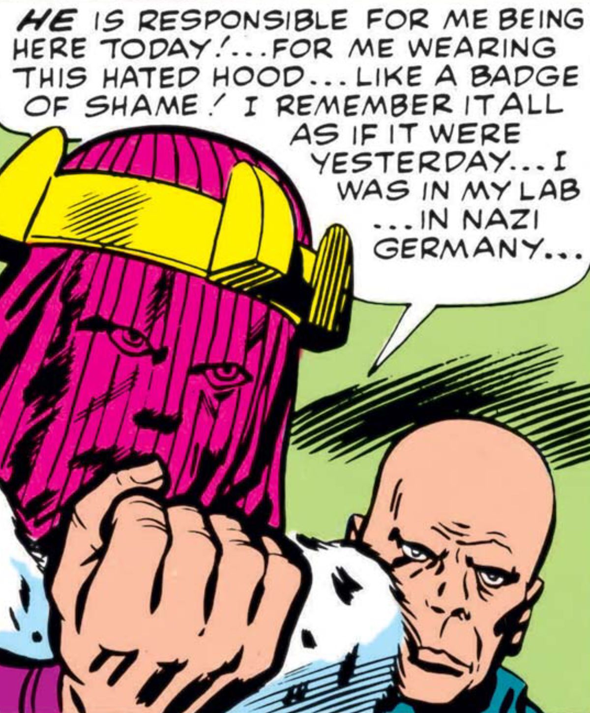 Il barone Zemo scuote il pugno e monologa con rabbia, indossando uno stupido cappuccio viola con una corona gialla in Avengers # 6, Marvel Comics (1964).