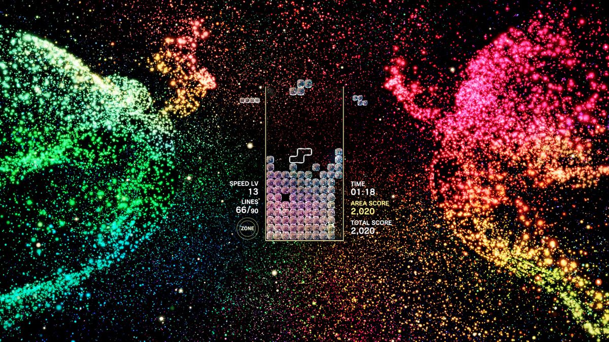 Due creature angeliche a base di particelle danzano sul lato di un livello con effetto Tetris.