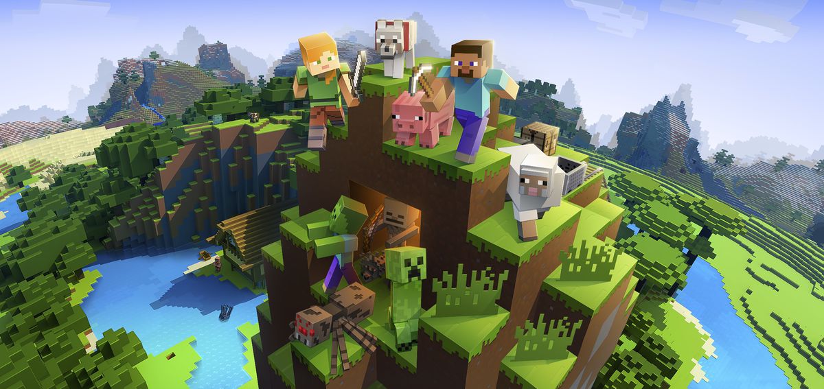 I personaggi di Minecraft, inclusi animali come una pecora e un maiale, posano sulla cima di una collina