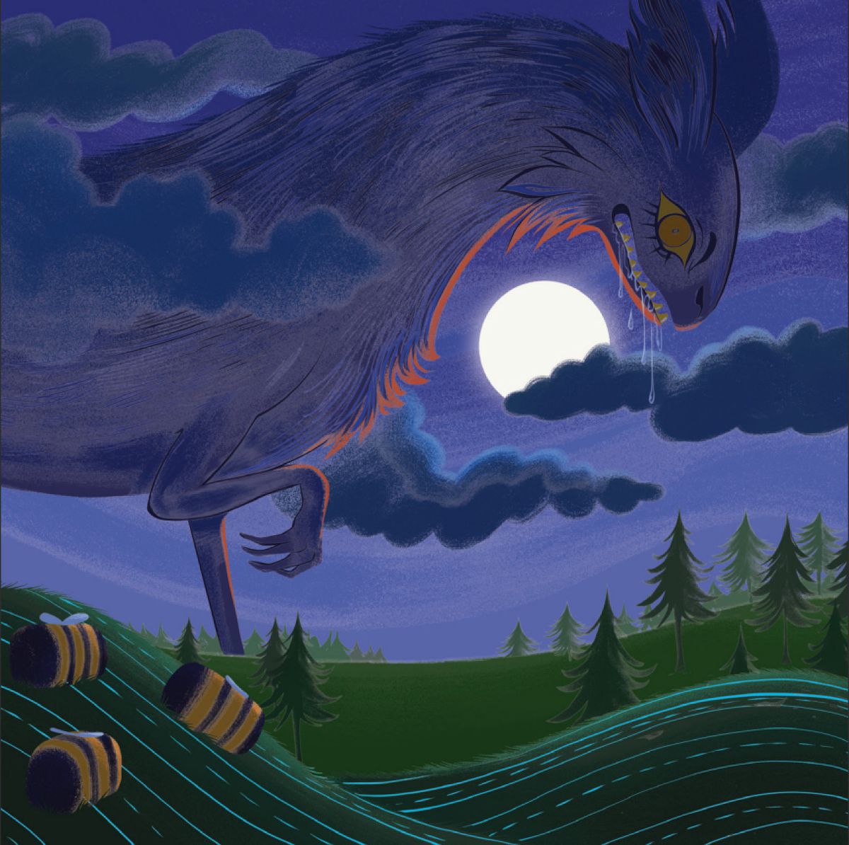 Un'enorme bestia si alza sopra le nuvole durante la luna piena, con la saliva che gocciola dalle fauci.  Gli occhi gialli corrispondono alle api giganti che dormono su una collina nelle vicinanze.