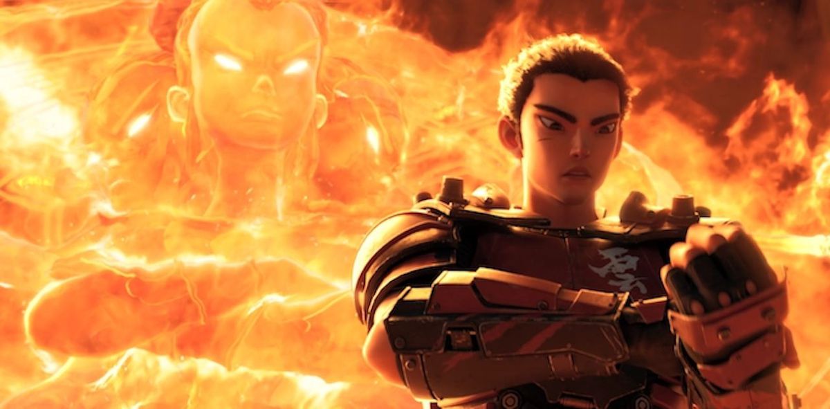 In New Gods: Nezha Reborn, un eroe con l'armatura rossa si trova di fronte a un'entità ardente a tre facce