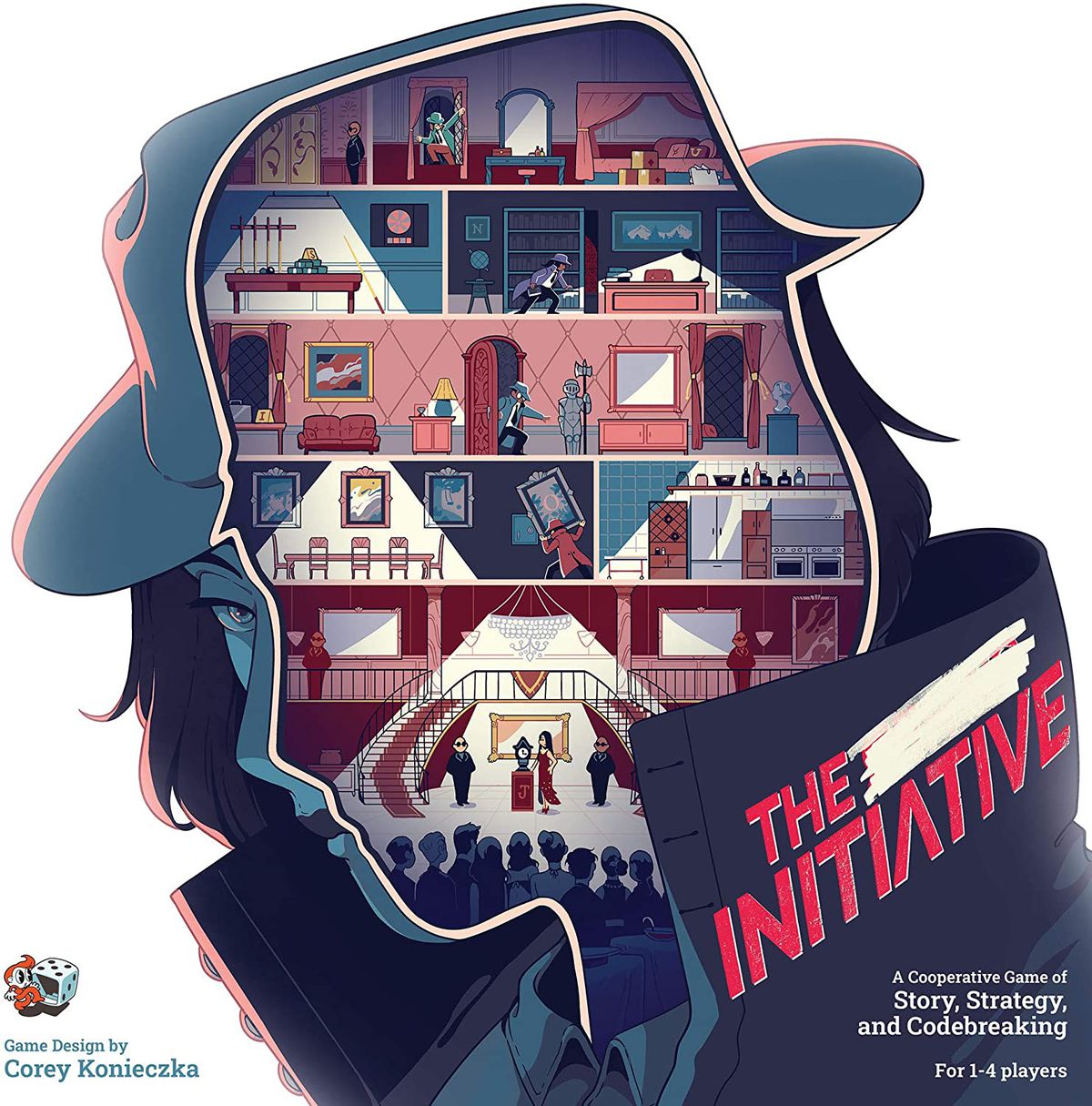 La copertina di The Initiative mostra la sagoma di una spia, il viso tagliato per rivelare l'interno di un edificio per uffici.