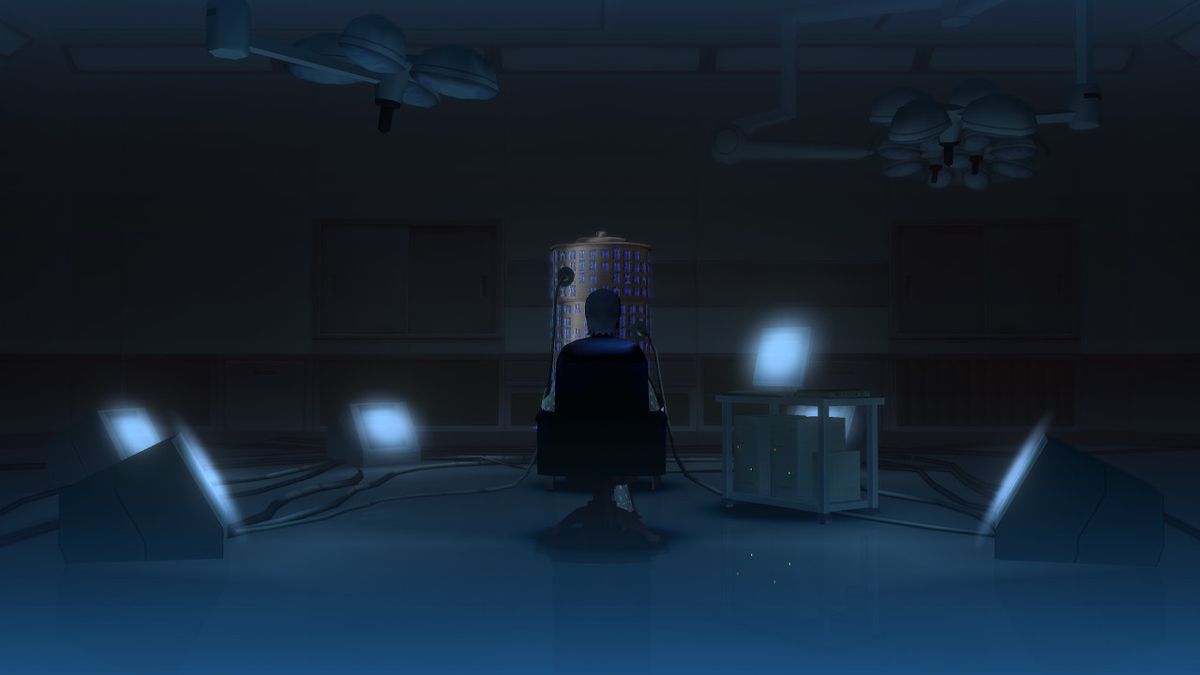 In SMT 3 HD, un personaggio siede in una stanza buia circondato da un cerchio di faretti scuri
