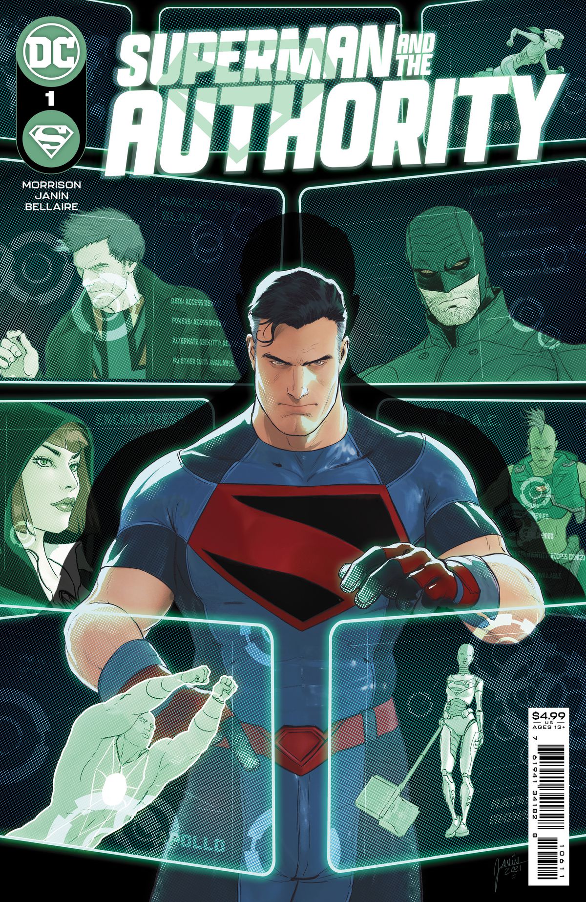 Superman ispeziona le immagini olografiche di vari membri dell'Autorità sulla copertina di Superman and the Authority # 1, DC Comics (2021).