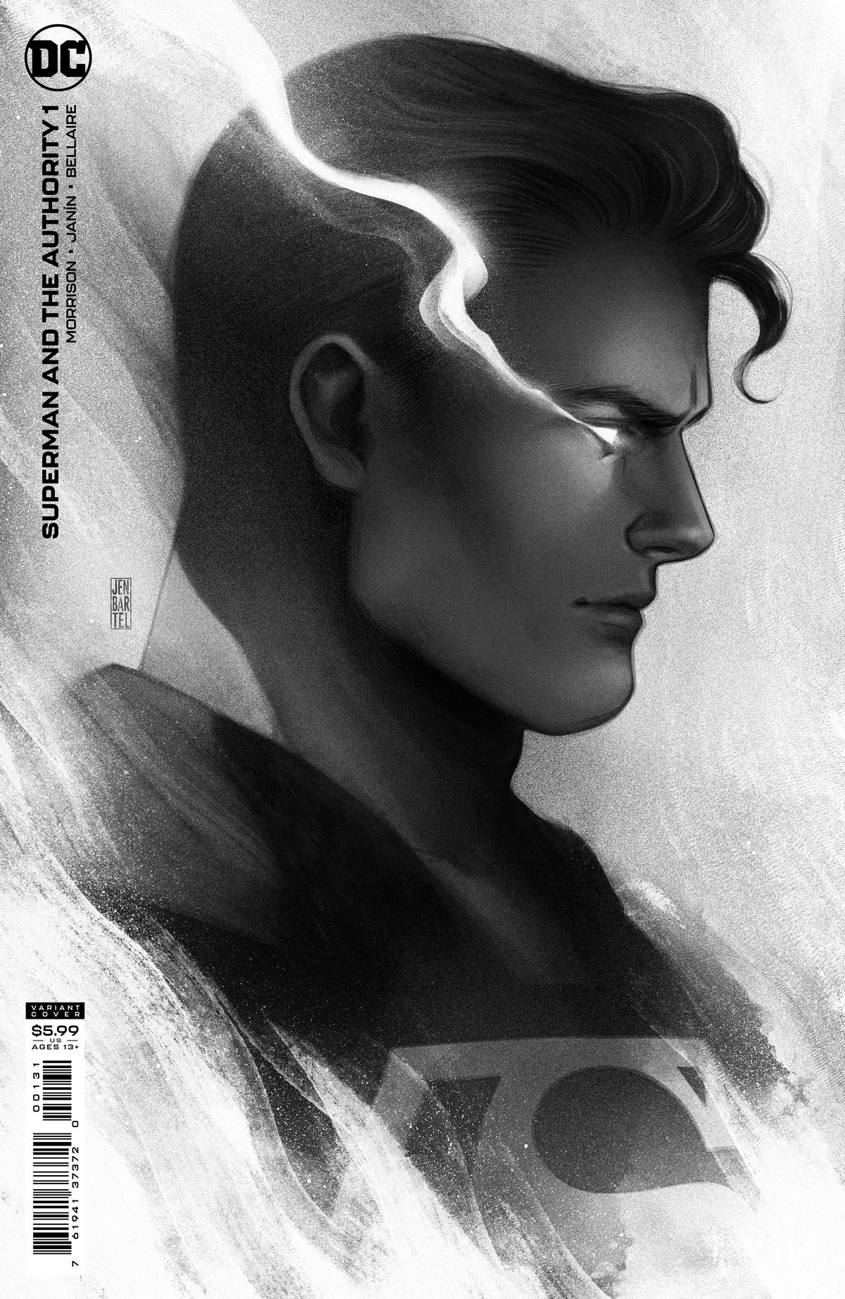 Una resa del profilo in scala di grigi di Clark Kent / Superman con gli occhi che brillano per la sua visione di calore sulla copertina di Superman and the Authority # 1, DC Comics (2021). 