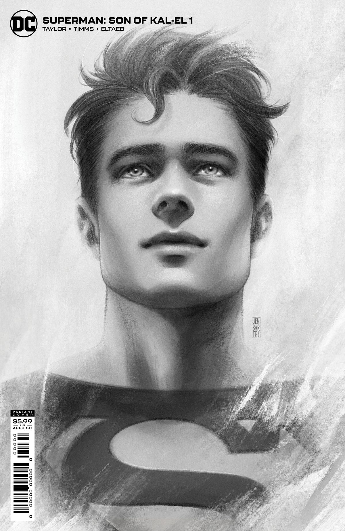 Una resa in scala di grigi di Jon Kent / Superboy / Superman sulla copertina di Superman: Son of Kal-El # 1, DC Comics (2021). 