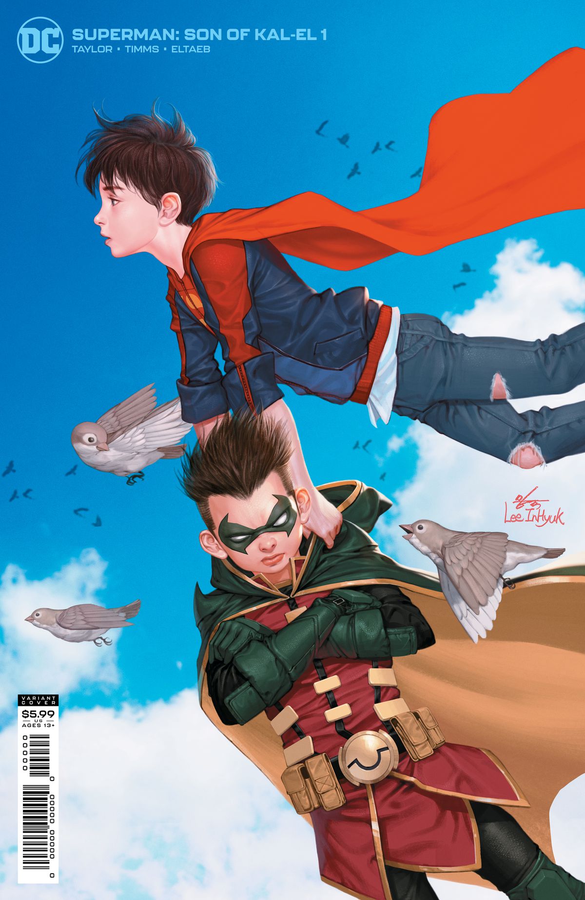 Jon Kent / Superbow trasporta uno scontroso Damian Wayne / Robin attraverso il cielo sulla copertina di Superman: Son of Kal-El # 1, DC Comics (2021). 