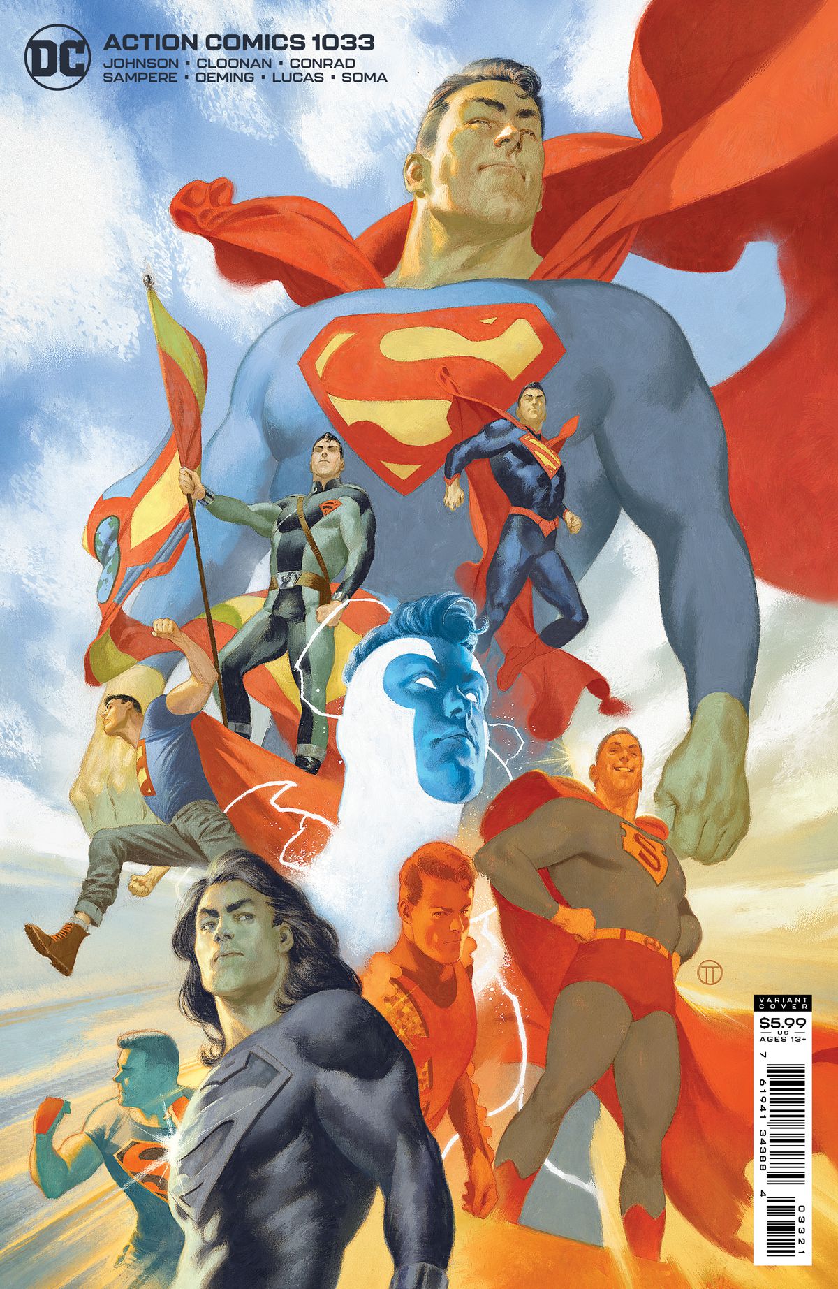 Un collage di diverse versioni di Superman, tra cui il giovane New 52 Superman di Grant Morrison, il moderno Superman, il resuscitato Superman dai capelli lunghi, il Golden Age Superman, Blue Superman e altro sulla copertina di Action Comics # 1033, DC Comics (2021). 