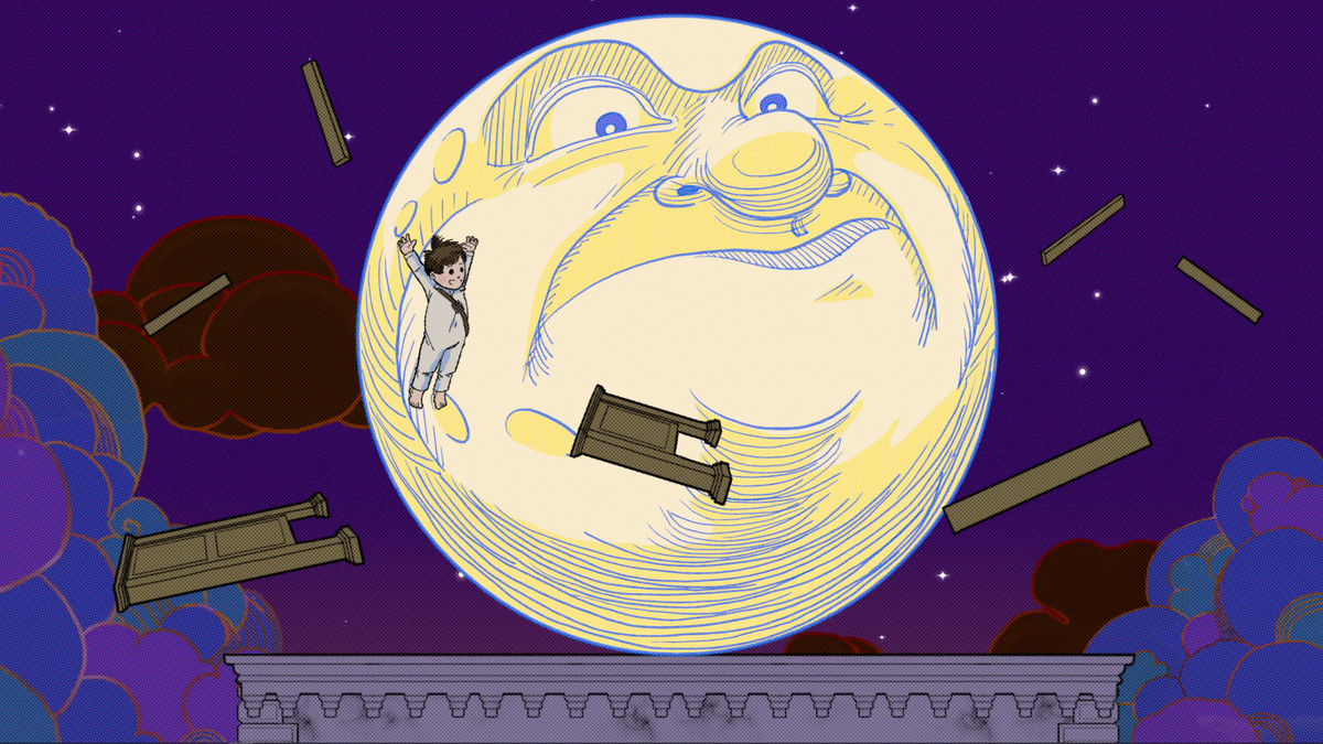 A large moon with an angry, disapproving face and a child flying in front of it in Little Nemo and the Nightmare Fiends