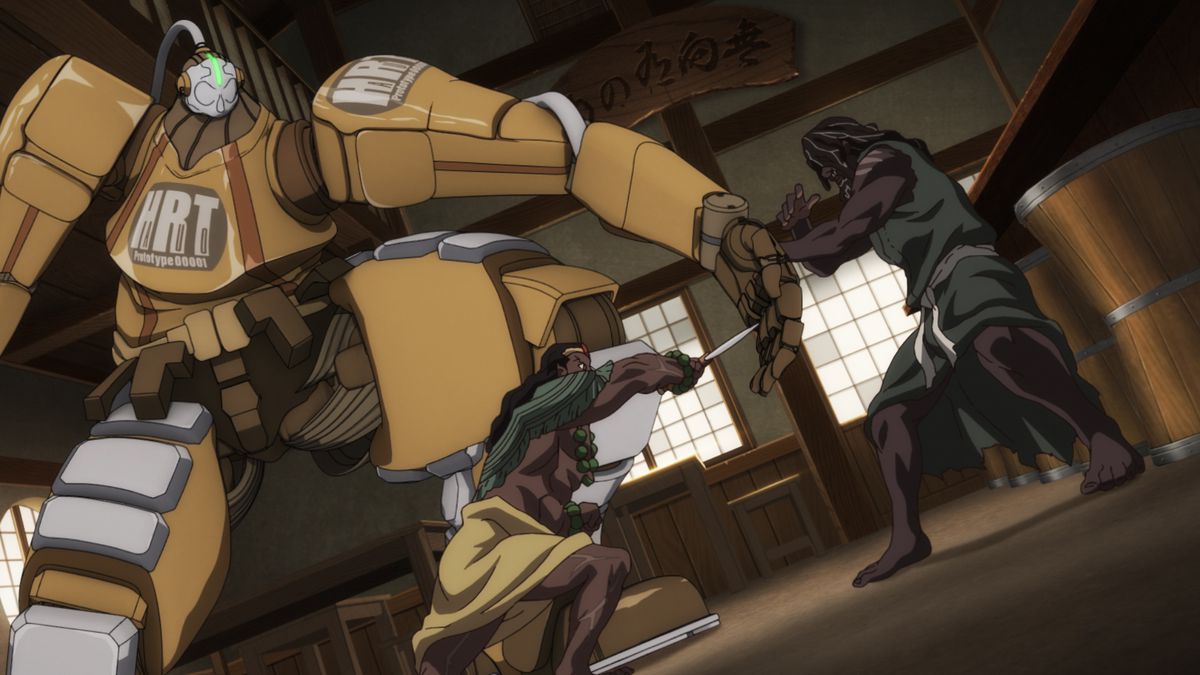 A giant mecha stands between Achoja and Yasuke’s battle.