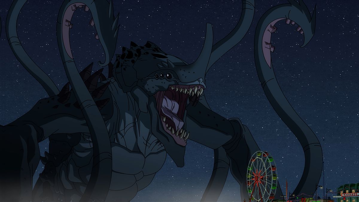 Un grande mostro marino con i tentacoli torreggia su un parco di divertimenti e ruggisce in Justice Society: World War II. 