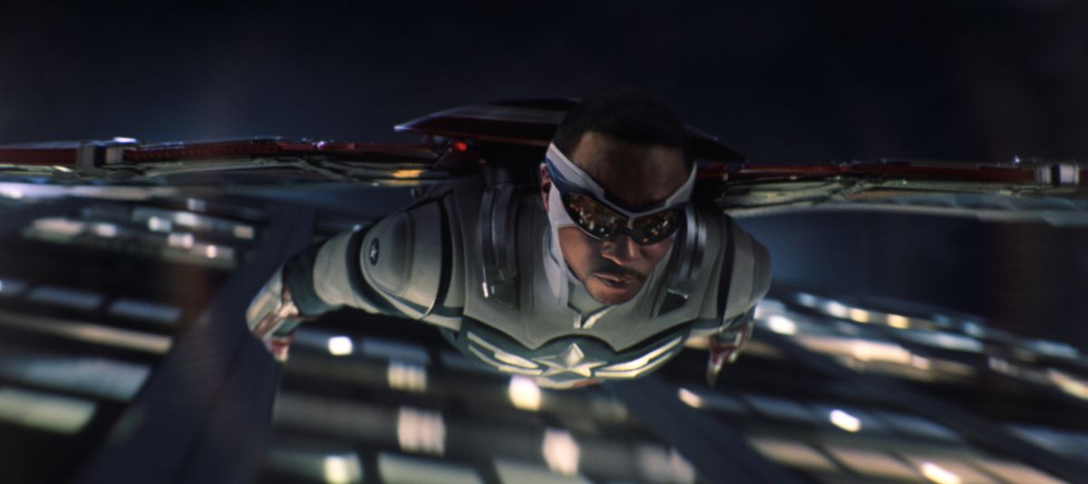 Anthony Mackie soaring into action as Sam Wilson, the new Captain America.