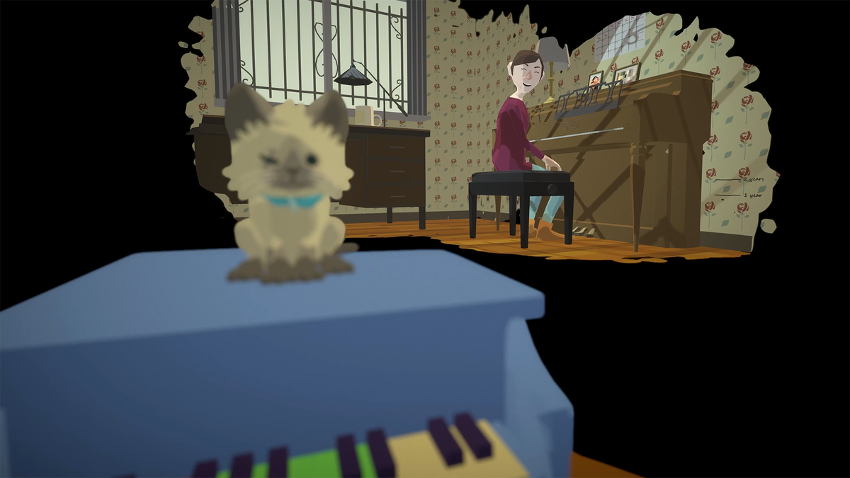 A stray kitten watches you play a small piano in Behind Your Eyes