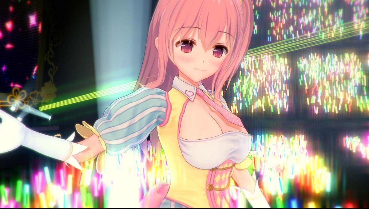 Un personaggio personalizzato dai capelli rosa canta per la telecamera in uno screenshot di Koikatsu Party