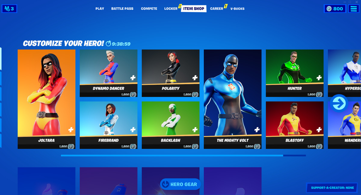 Uno screenshot del negozio Fortnite con le sue opzioni di abbigliamento da supereroe