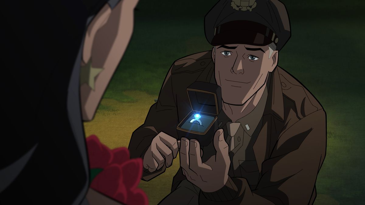 Inginocchiato, Steve Trevor tiene in mano una scatola con un brillante anello di diamanti a Wonder Woman in Justice Society: World War II. 