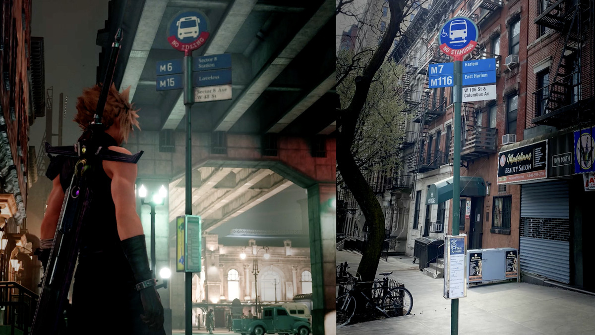 Un'immagine affiancata che mostra i segni degli autobus di Midgar e New York City.  Entrambi sono segni blu rotondi raffiguranti un autobus bianco, con una banda rossa che segue la curva inferiore del segno.  Entrambi mostrano i numeri degli autobus a sinistra e i nomi dei percorsi degli autobus a destra, con un cartello bianco con il nome della strada sottostante.