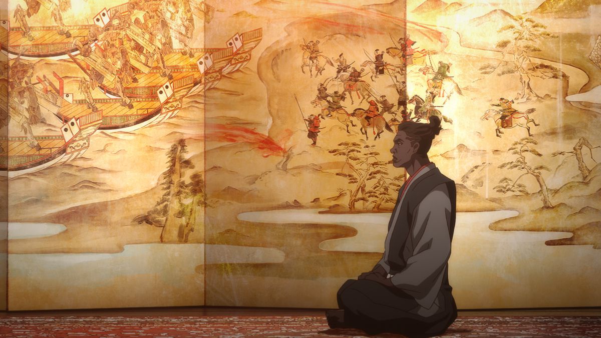 Yasuke sits in robes in front of an elaborate Ukiyo-e backdrop of a fierce battle.