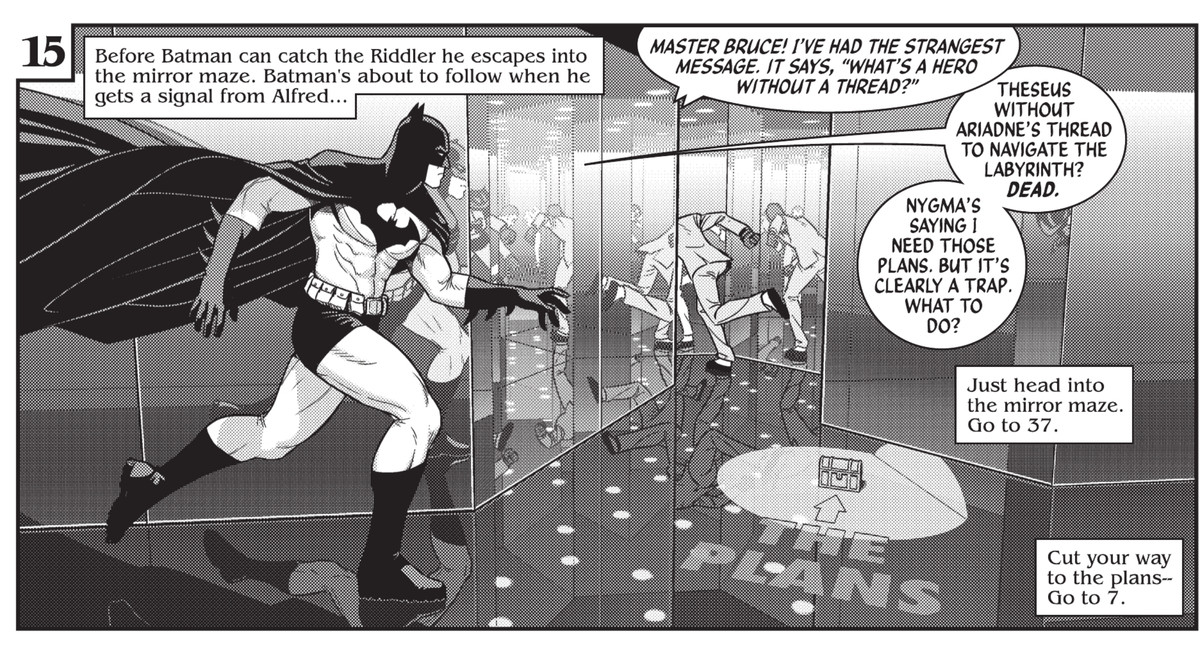 Batman insegue l'Enigmista in un labirinto di specchi.  I capitani dicono al lettore di andare a pagina 37 per entrare nel labirinto degli specchi, oa pagina 7 per aggirarlo, in Batman: Black and White # 5, DC Comics (2021). 