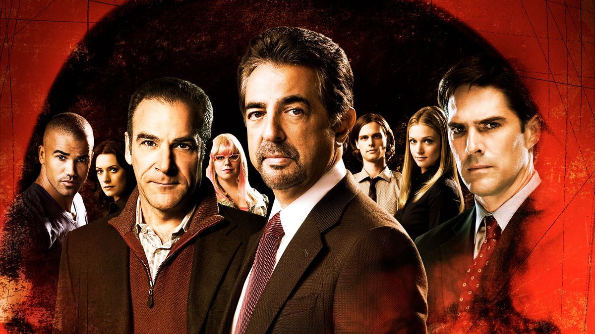 the cast of criminal minds moodily staring with some splashy red overlay