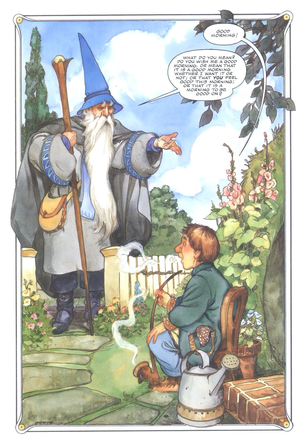 Bilbo dice buongiorno a un Gandalf recalcitrante in The Hobbit: An Illustrated Edition of the Fantasy Classic, Eclipse Comics (1989). 