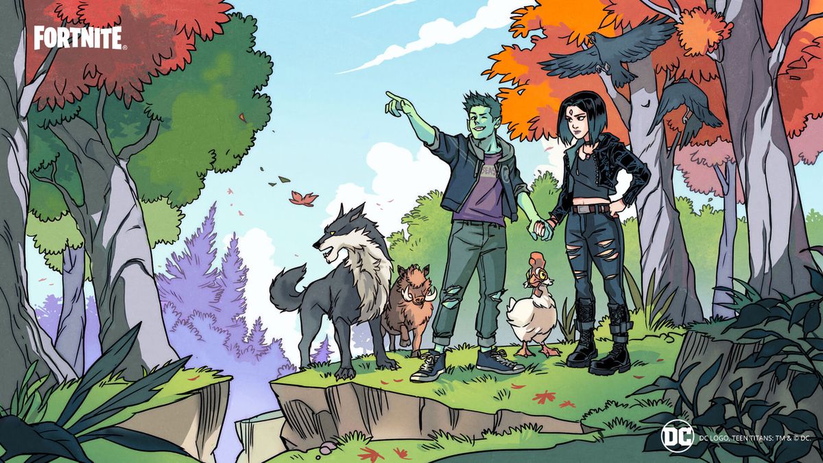 immagine illustrata a fumetti che mostra Beast Boy e Raven che si tengono per mano in un pittoresco scenario naturale, accanto a un lupo, un cinghiale e un'anatra.