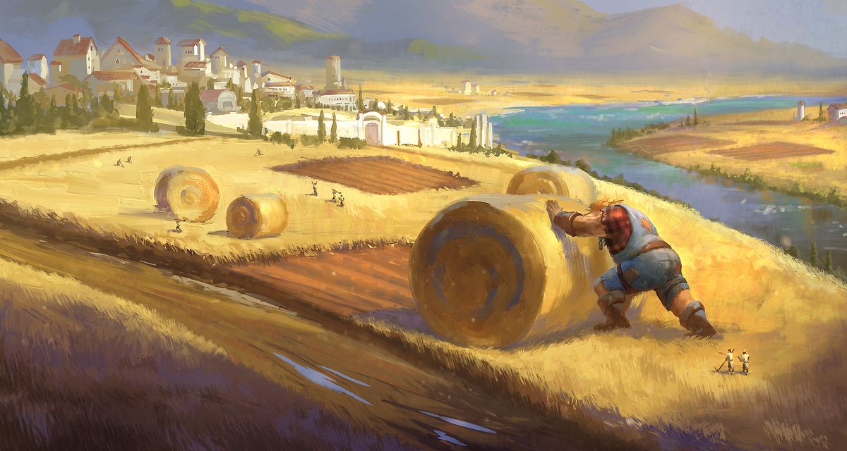 A giant rolls up a building-sized bale of hay along a picturesque riverbank.