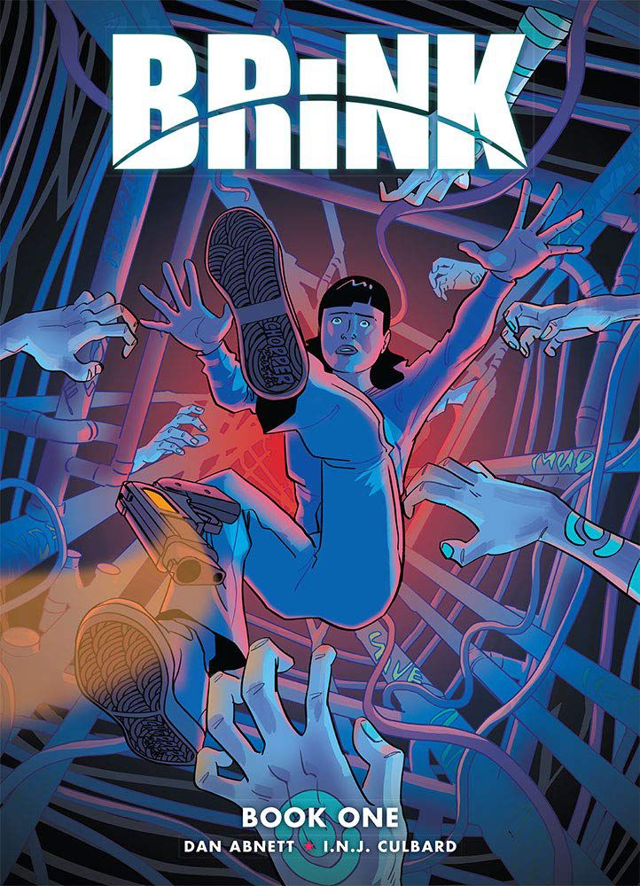 Clutching hands reach for a woman falling from a great height on the cover of Brink. 