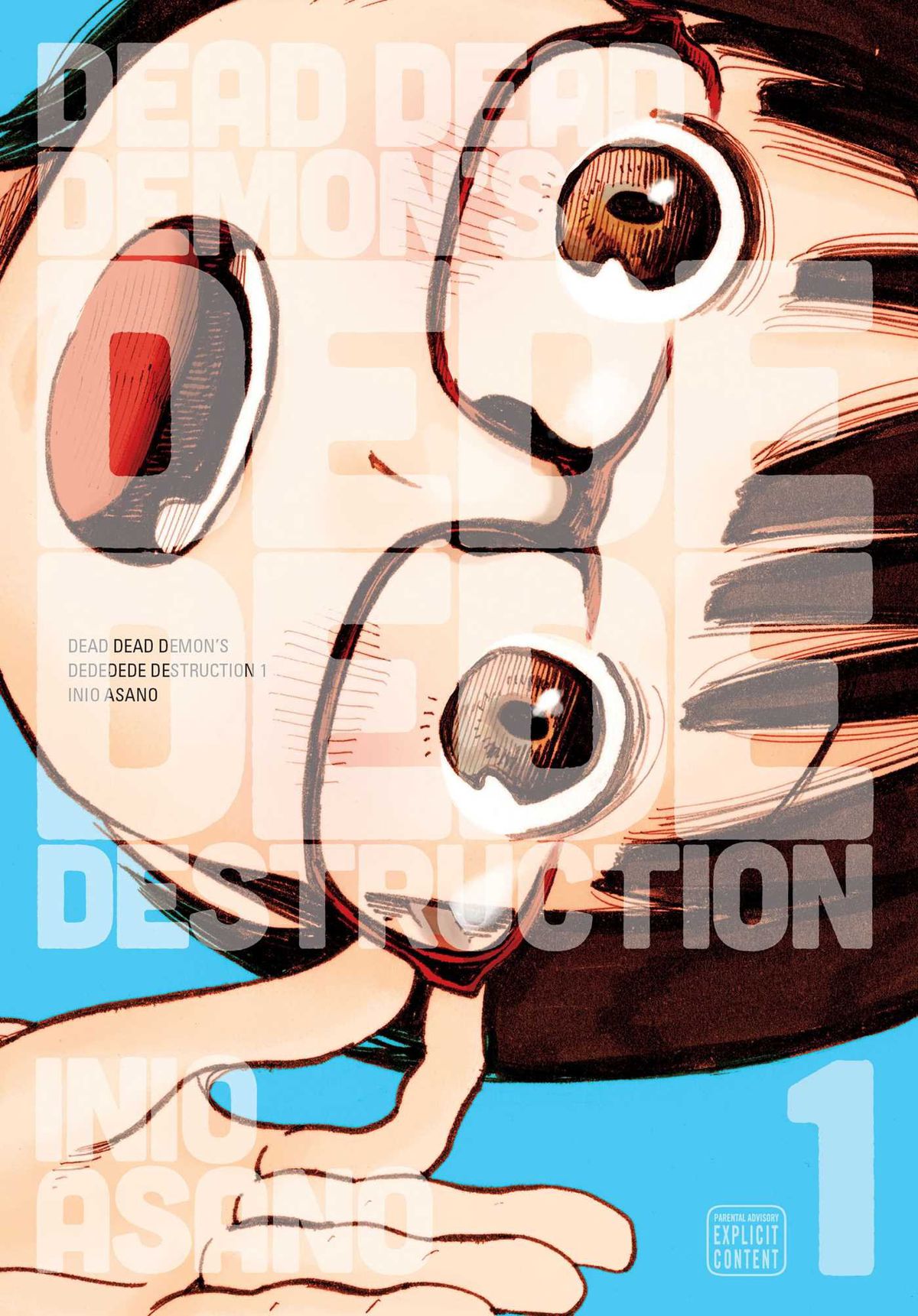 A child adjusts their glasses with mouth open, image rotated 90 degrees, on the cover of Dead Dead Demons Dedede Destruction Vol 1. 