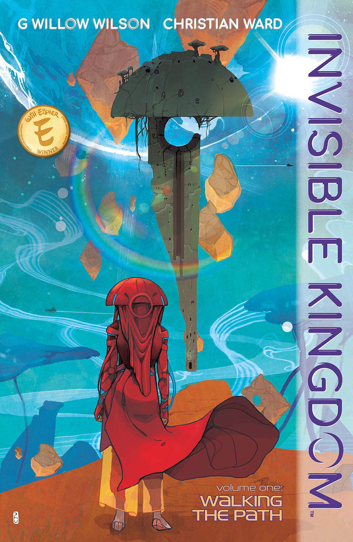 A figure in a red hooded robe stands before a floating building shaped much like their hood on the cover of Invisible Kingdom. 