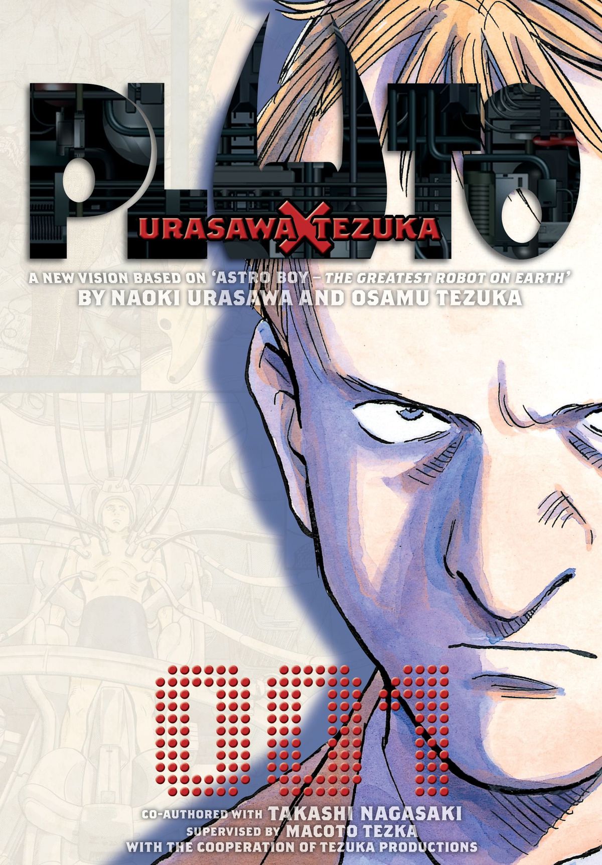 A man stares sternly at the viewer on the cover of Pluto: Urasawa x Tezuka. 