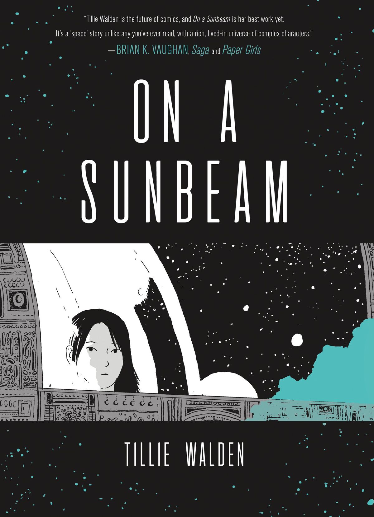 Una donna guarda fuori dalla finestra di una navicella spaziale sulla copertina di On a Sunbeam.