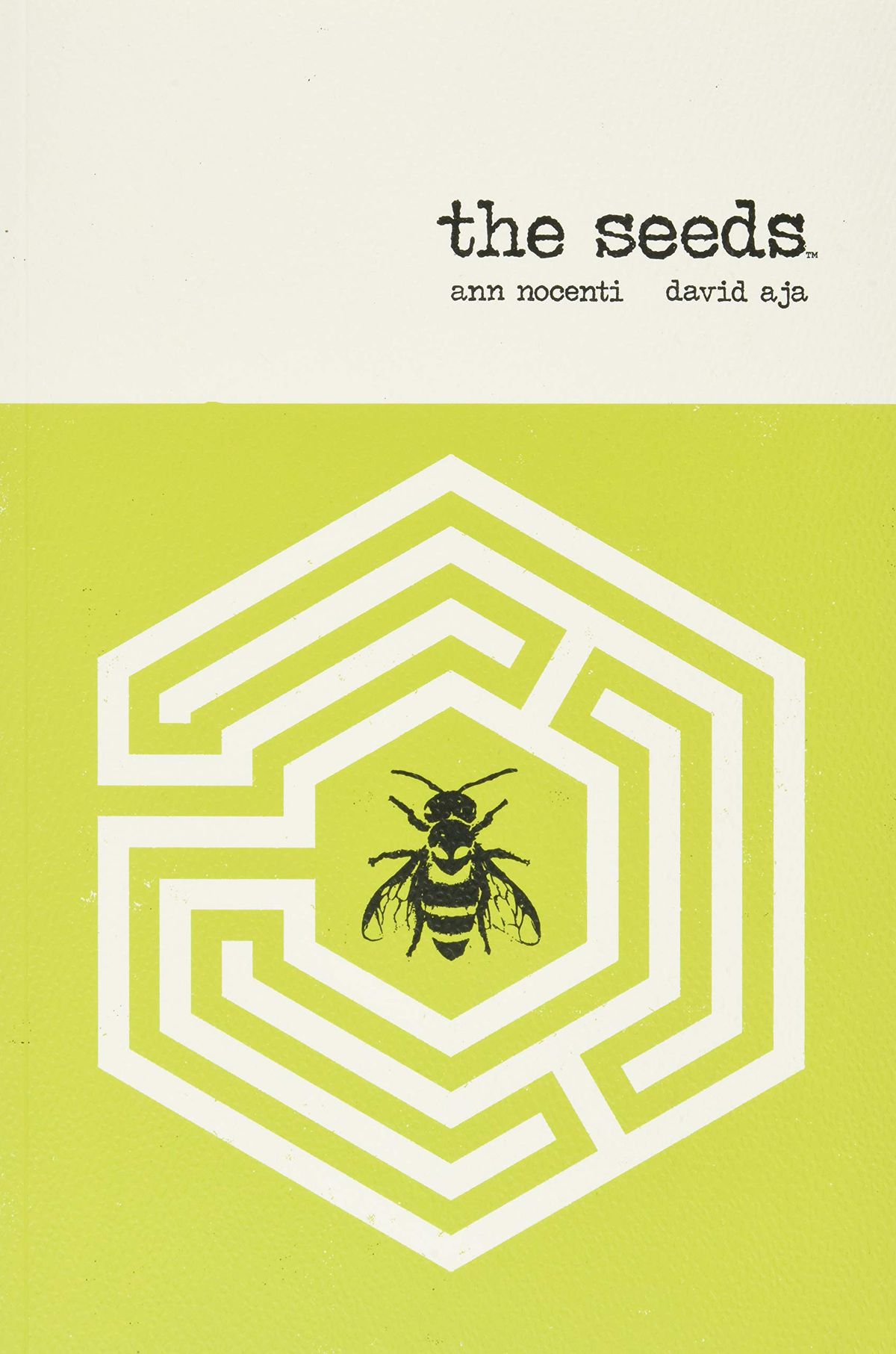 A graphic image of a bee, at the center of a labyrinth, on the cover of The Seeds. 