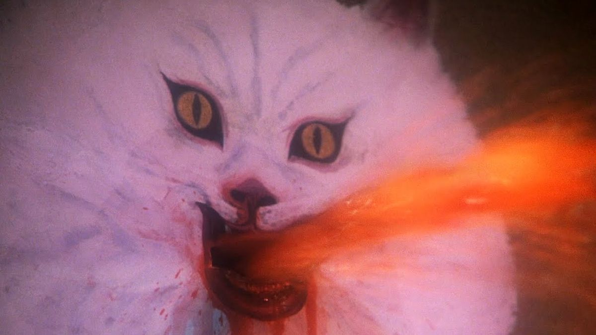 Un minaccioso ritratto di un gatto spruzza un geyser di sangue dalla sua bocca