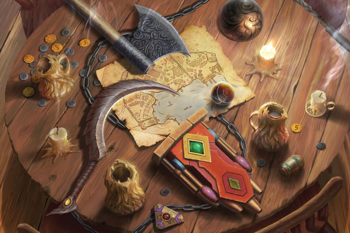 Monete, armi e oggetti magici giacciono su un tavolo in una locanda.  Una mappa giace sotto di loro.