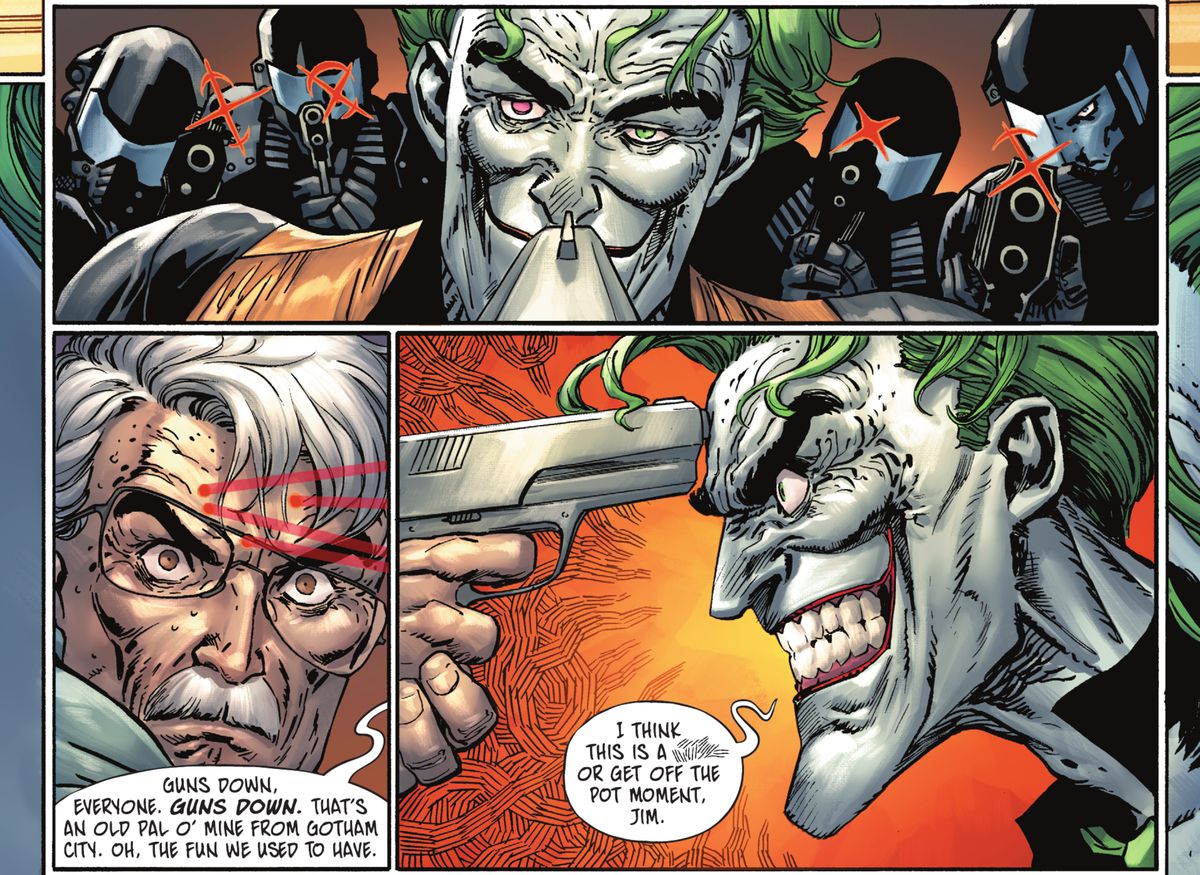 Uno sbalordito James Gordon punta una pistola sulla fronte del Joker, mentre un'intera squadra di guardie di sicurezza punta su di lui i suoi mirini laser.  Il Joker sorride, dicendo 