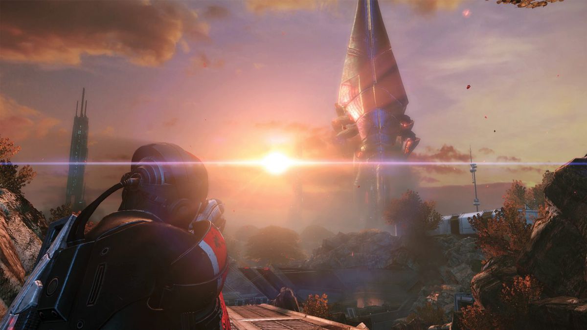 Mass Effect - Shepard guarda una gigantesca forma di vita aliena sul pianeta di Eden Prime