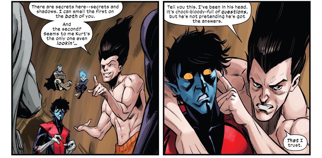 Legion spiega al Professor X e Magneto che non si fida della loro utopia Krakoan, ma si fida di Nightcrawler, che è pieno di dubbi al riguardo in Way of X # 2, Marvel Comics (2021). 