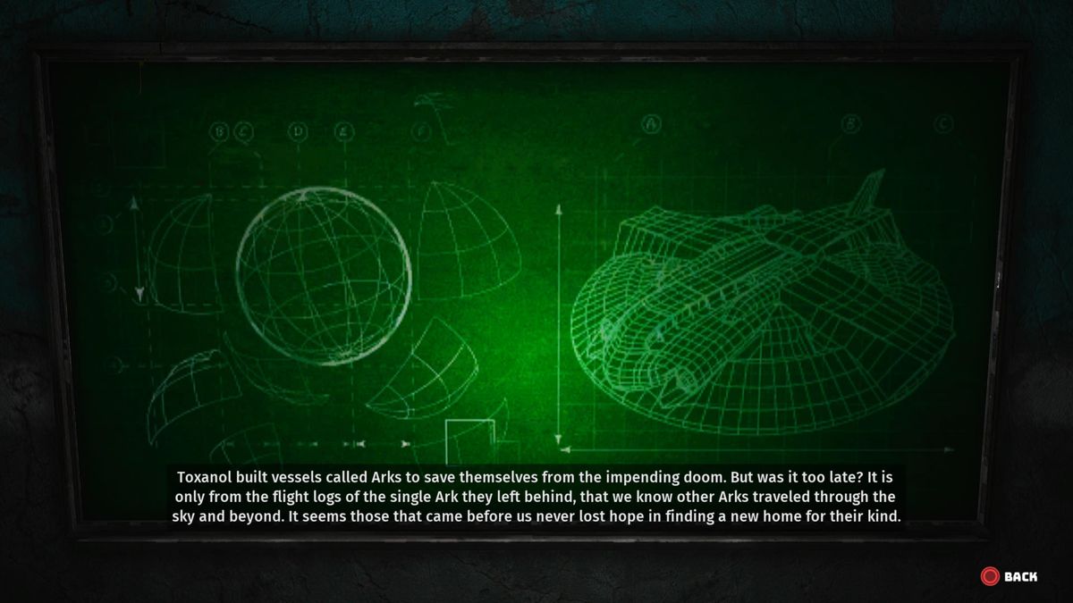 Una schermata di gioco che mostra i progetti per un veicolo spaziale, con una narrazione che spiega che gli umani sono saliti a bordo di questa nave e hanno lasciato la Terra molto tempo fa, dopo aver rovinato l'ambiente del pianeta