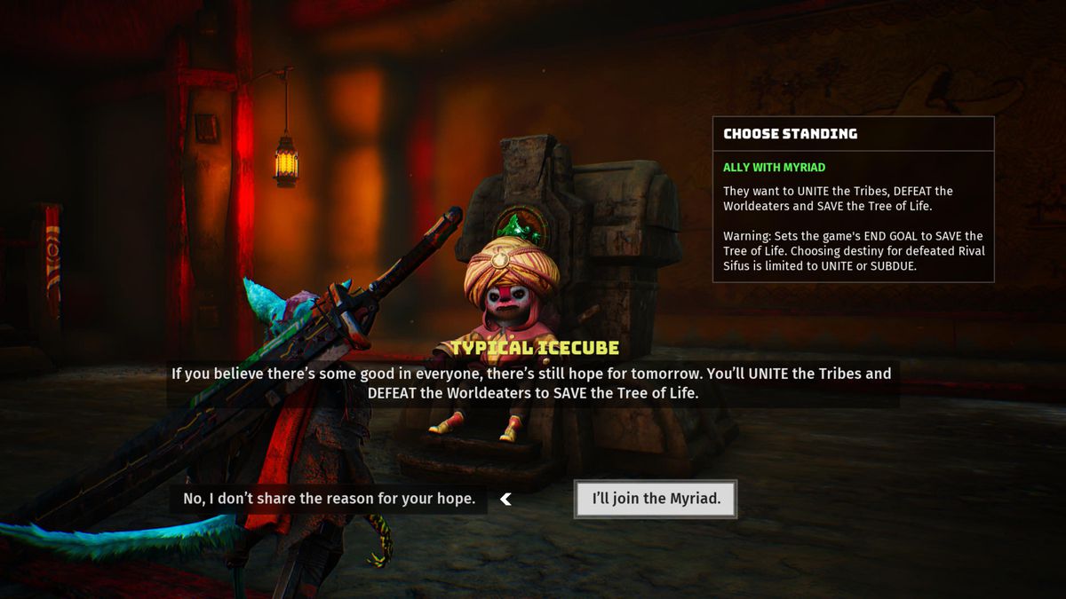 schermata di gioco di Biomutant che mostra il personaggio del giocatore, un antropomorfo dall'aspetto di roditore, che si consulta con un 