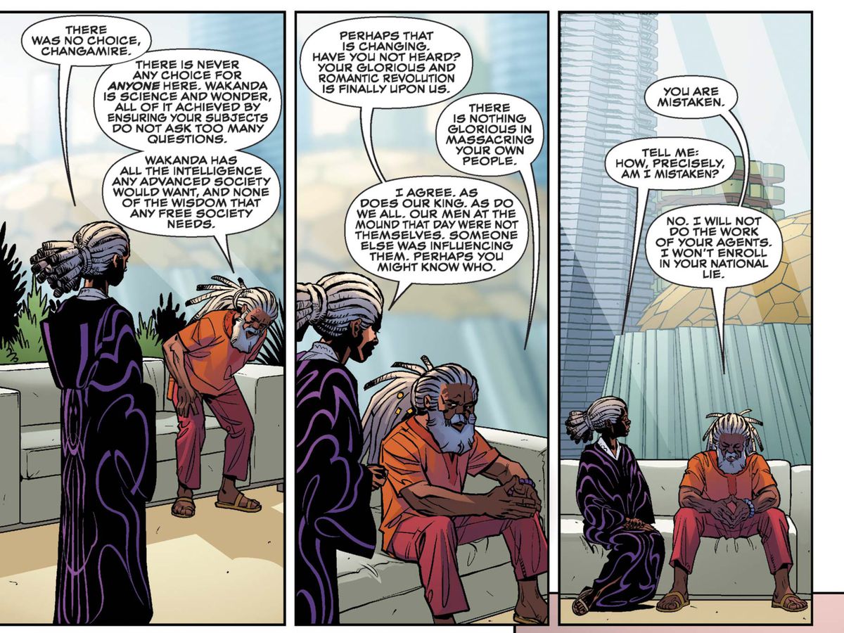 “Wakanda, is science and wonder, all of it achieved by ensuring your subjects do not ask too many questions,” Changamire tells the Queen, “Wakanda has all the intelligence any advanced society would want, and none of the wisdom that any free society needs,” in Black Panther #4, Marvel Comics (2016).