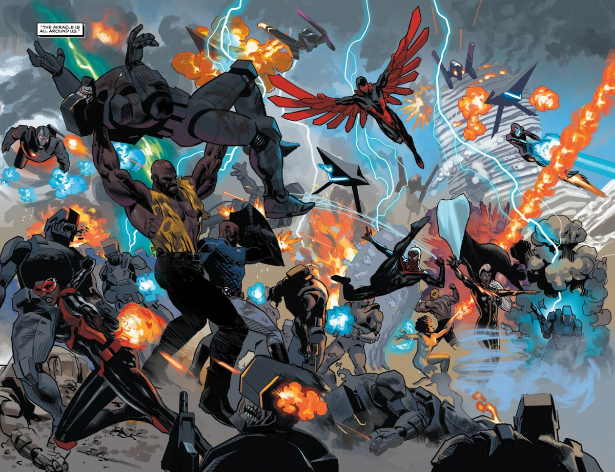 Luke Cage, War Machine, the Falcon, Miles Morales/Spider-Man, Misty Knight, Ironheart, and other Black heroes of the Marvel universe battle to protect Wakanda in Black Panther #24, Marvel Comics (2021). 