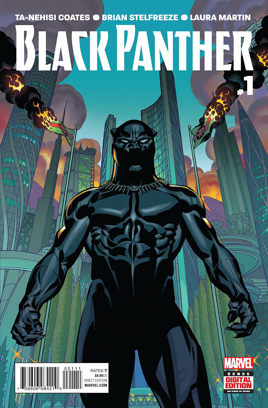 T’Challa stands in costume before two burning Wakandan flags in the capital of Wakanda, on the cover of Black Panther #1, Marvel Comics (2016). 