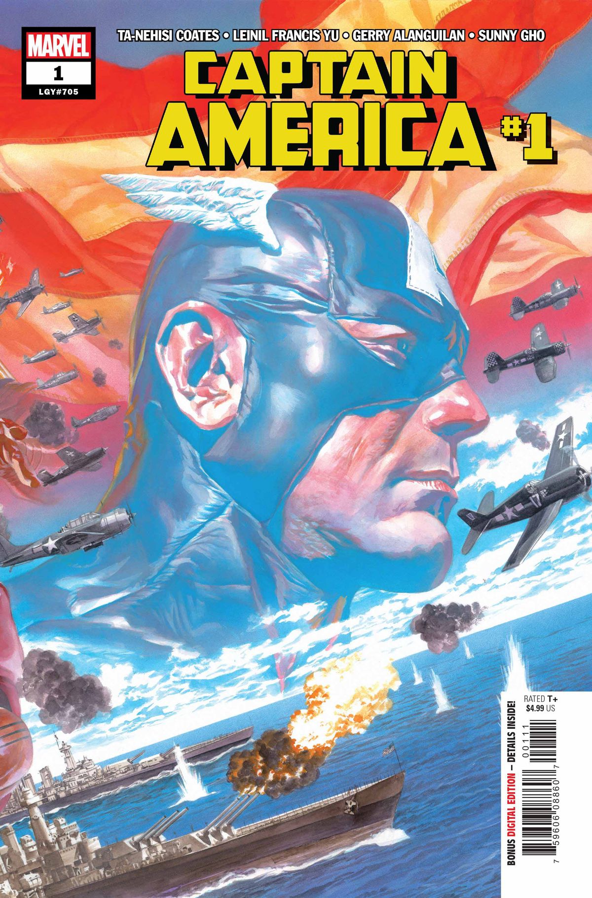 Battleships duel with fighter planes, an image of Captain America and the American flag superimposed, on the cover of Captain America #1, Marvel Comics (2018). 